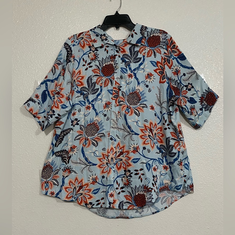 Chico's Floral Button Down Shirt - Blue and Orange